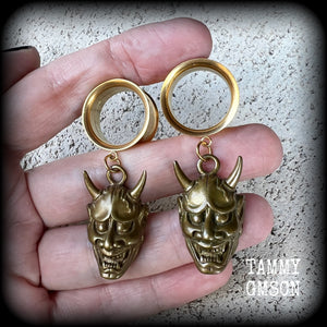 Brass hannya tunnel earrings-Japanese earrings