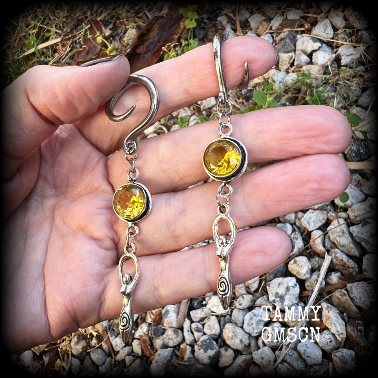 Citrine gemstone earrings 6 gauge ear weights Spiral goddess gauged earrings Body jewelry 2g 0g 00g 1/2” 9/16” 5/8” 3/4" 7/8" 1” 1.10” 1.18” Stretched ears Stretched lobes Gauged ears Gemstone ear weights Occult earrings Wicca jewellery Pagan jewelry