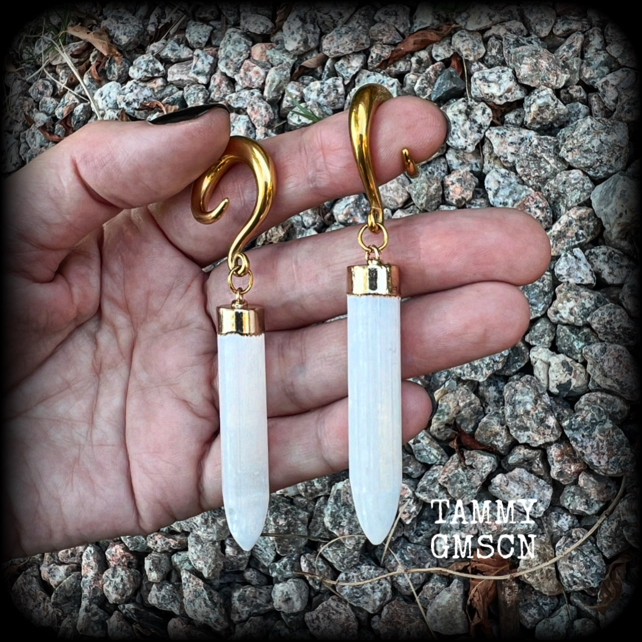 Selenite gauged earrings-Selenite ear hangers