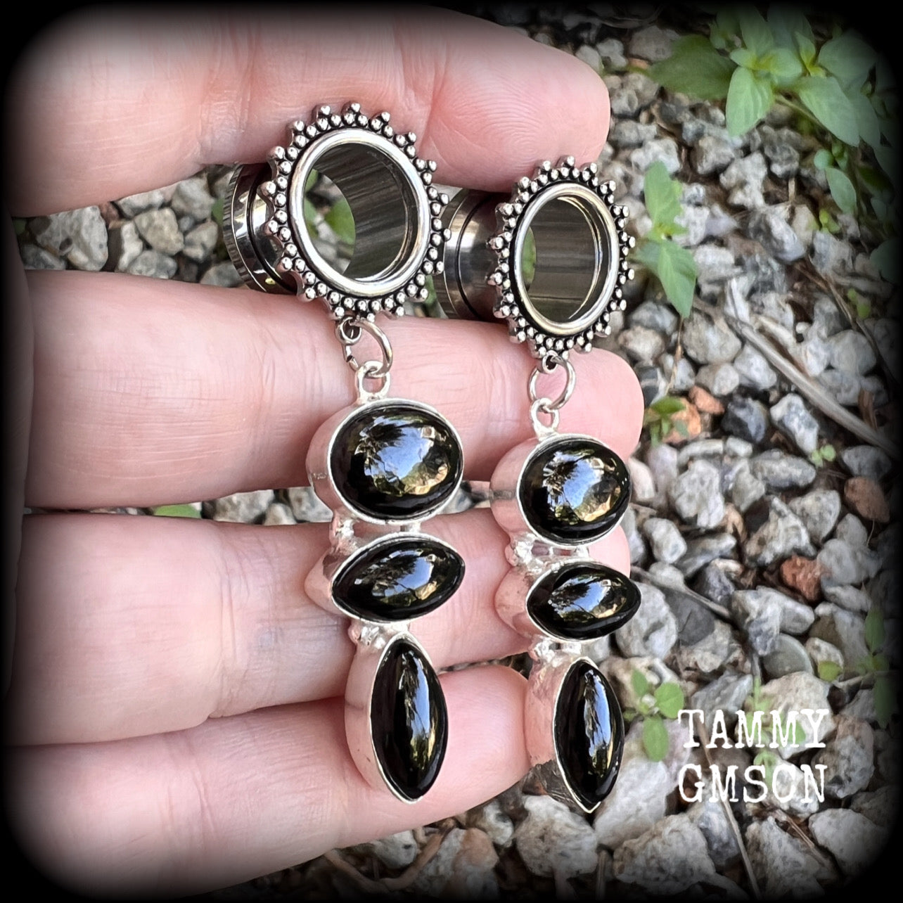 Black onyx tunnel dangles-Ornate tunnels