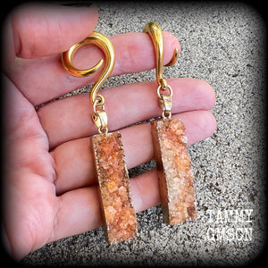 Burnt orange druzy crystal gauged earrings-Ear hangers