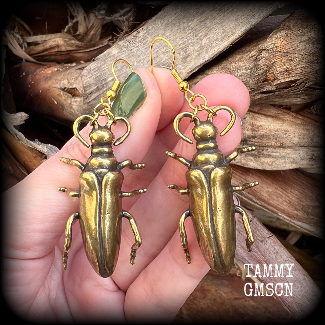 Brass Beetle earrings Bugs earrings Brown beetle earrings Insects earrings Insect earrings Arthropod earrings Pierced ears Stretched lobes Ear gauges Gauged earrings Cottagecoge Fairycore Mossgoth Whimsigoth Brown recluse Curiosities Entomology