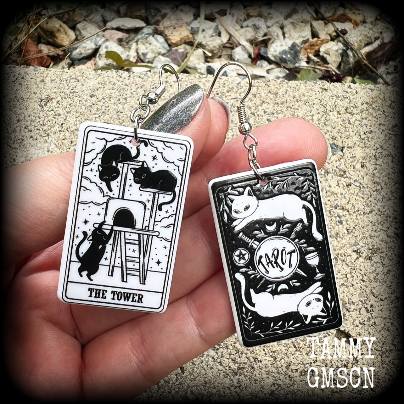 The Cat Tower tarot card earrings