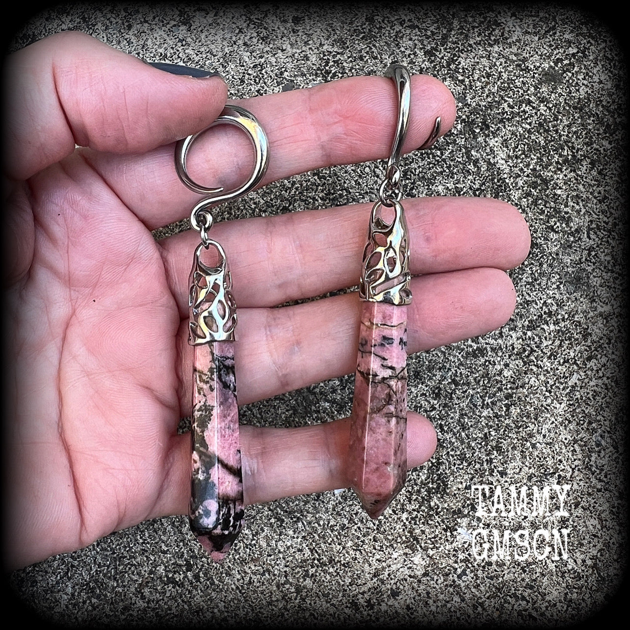 Rhodonite earrings Rhodonite jewelry Gemstone gauged earrings Gemstone ear weights 6 gauge ear weights Ear hangers Ear gauges Tunnel earrings Tunnel dangles Body jewelry Stretched ears Lobes 4mm 6mm 8mm 10mm 12mm 14mm 16mm 19mm 22mm 25mm 28mm 30mm 