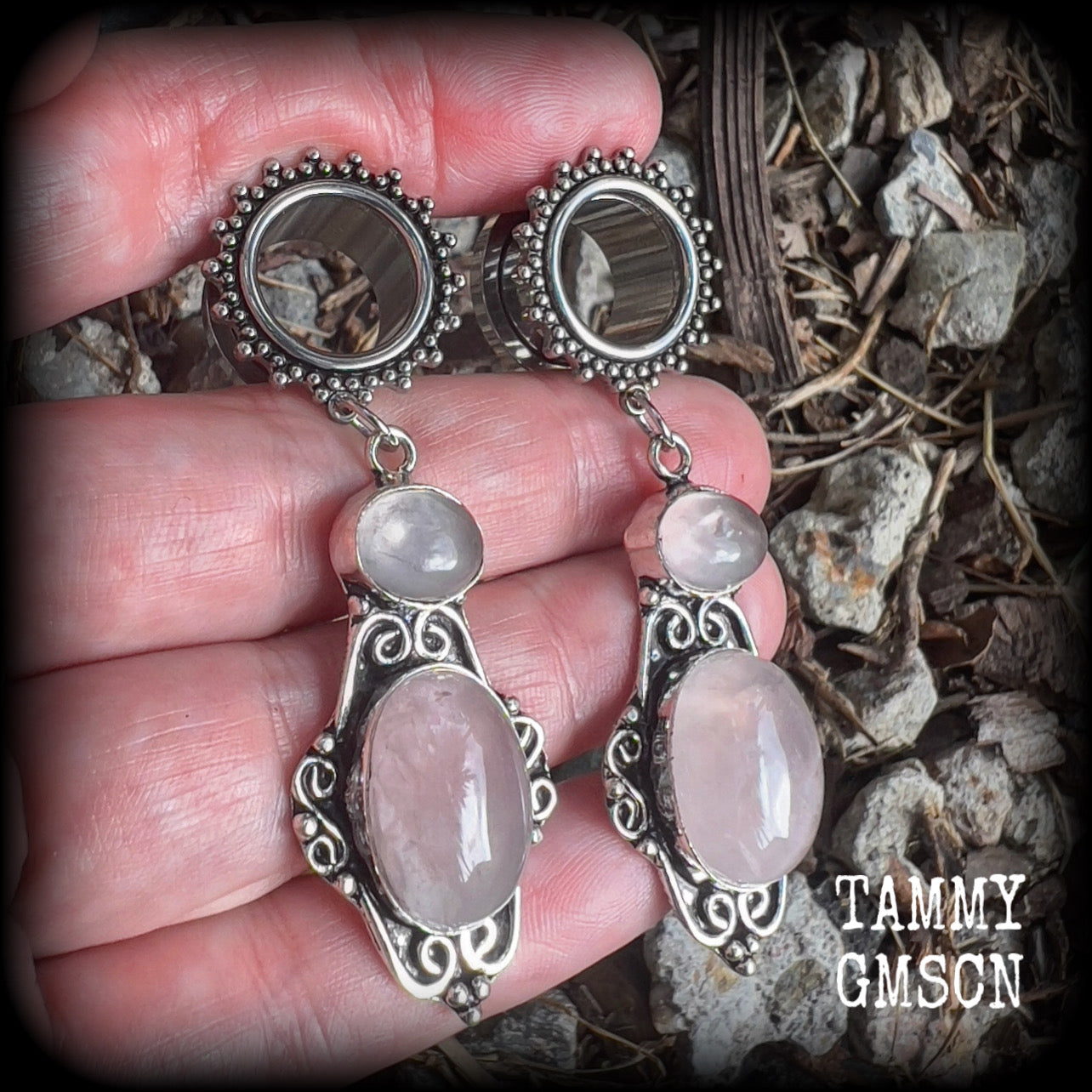 Ornate Rose quartz gemstone tunnel dangles-Gemstone gauges