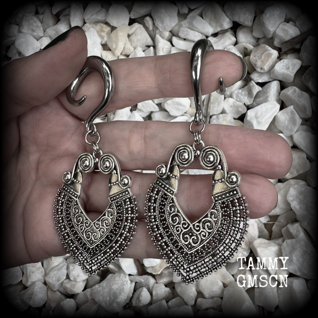 These beautiful ornate gauged earrings are inspired by Aphrodite, the Greek Goddess of love and beauty, weighing approx 14 grams a piece and measuring just over 8cms from tip to tip.

This pair have been made with 2 gauge (6mm) surgical steel full curl hooks, to be worn in stretched lobes.