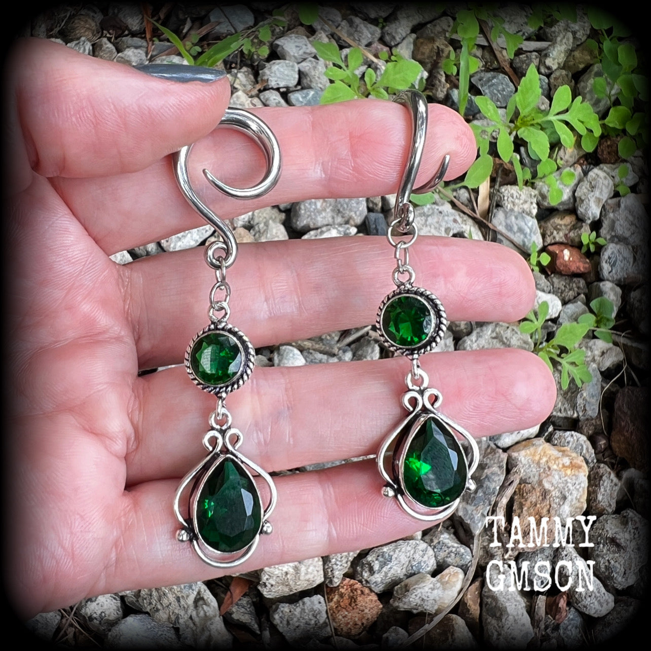 Emerald green gemstone gauged earrings-Boho earrings