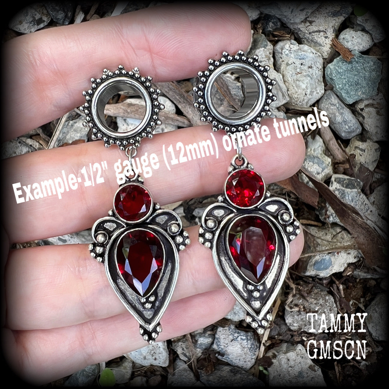 Beautiful deep red garnet gemstones in a gorgeous boho antique silver setting, made on ornate tunnel earrings for stretched lobes, available on a range of hooks and clasps for pierced ears and stretched lobes.