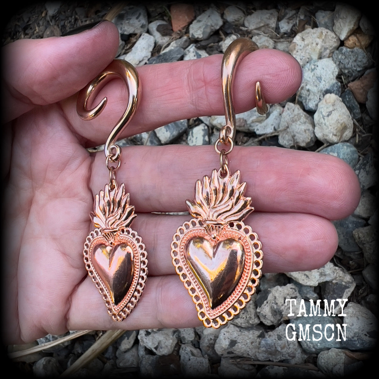 Sacred heart earrings Sacred heart ear weights Milagros heart ear hangers Folk art earrings Folk horror jewelry Ear jewellery Gauged earrings Flaming heart jewellery Santeria Voodoo Vodou Tattoo jewelry