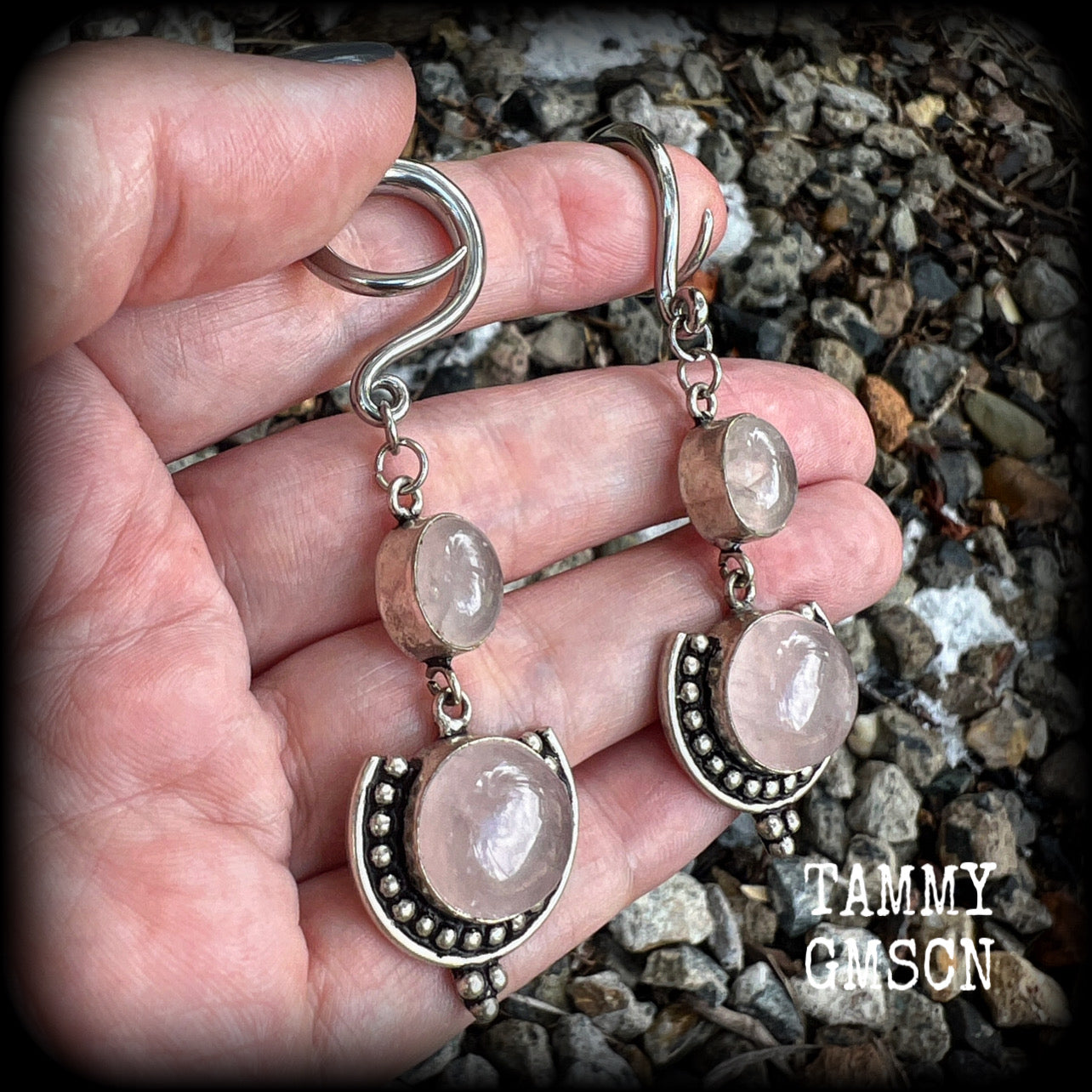 Rose quartz gauged earrings-Gemstone ear weights