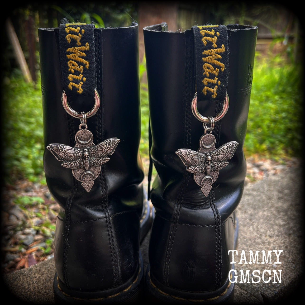 These stunning boot charms are one of the larger and heavier pairs we offer, featuring gorgeous pewter moth and crescent moon charms, nice and big-these measure approx 5 across and just on 8cms from top to bottom.

Made to last, all our boot charms are made with super sturdy snap rings and strong jump rings.