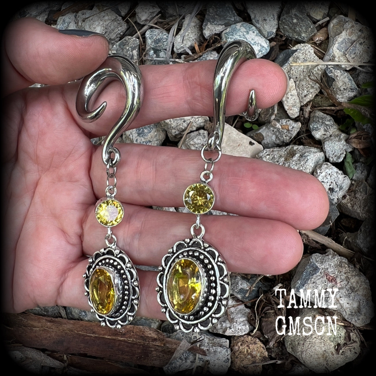 Yellow citrine gauged earrings-Gemstone ear weights