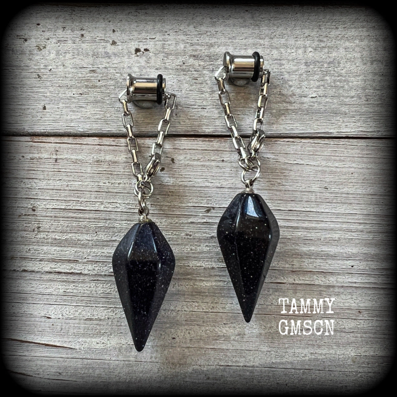 Goldstone pendulum gemstone tunnel dangles-TUNNELS INCLUDED