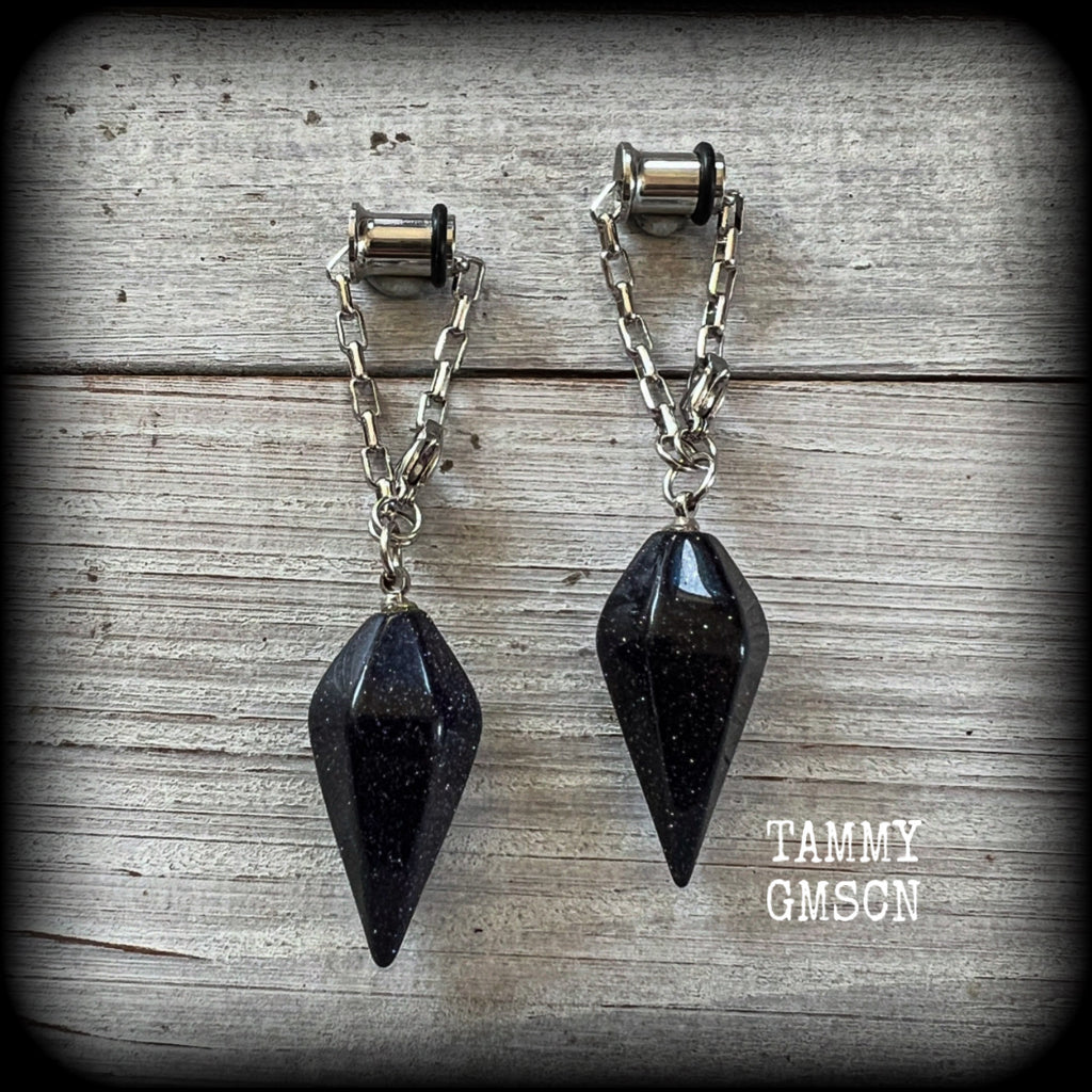 Goldstone pendulum gemstone tunnel dangles-TUNNELS INCLUDED