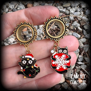 Festive cat tunnel earrings Black cat tunnels Snowflake earrings Christmas decorations Stretched ears Stretched lobes Body jewelry Ear gauges Gauged earrings Gauged ears Baubles Christmas gifts 6mm 8mm 10mm 12mm 14mm 16mm 19mm 22mm 25mm 28mm 30mm 