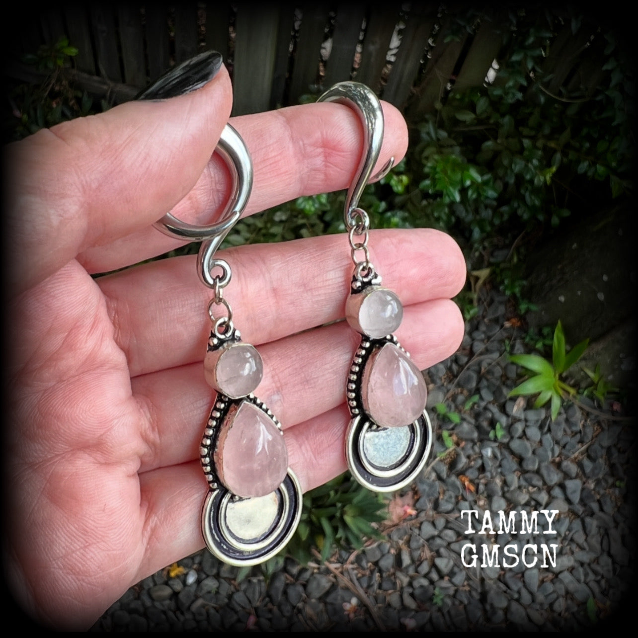 Rose quartz gauged earrings-Gemstone ear weights