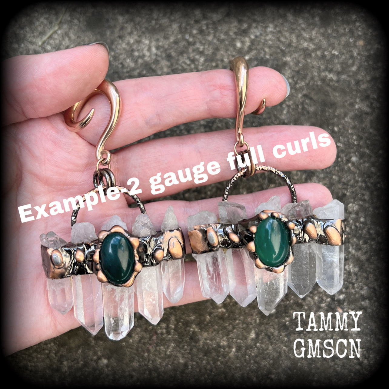 Clear quartz and green cabachon ear weights