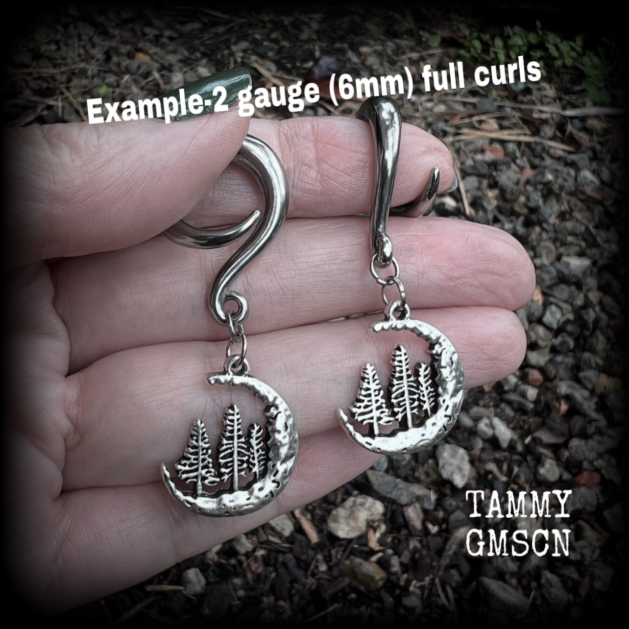 Forest punk fir tree tunnel earrings-Mossgoth crescent moon ear gauges