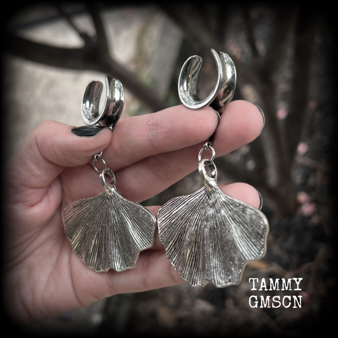 Silver ginkgo leaf gauged earrings-Goddess Gaia gauged earrings