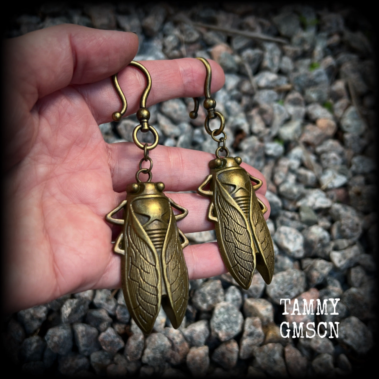 Antique bronze cicada earrings-Insect ear hangers