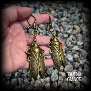 Antique bronze cicada earrings-Insect ear hangers