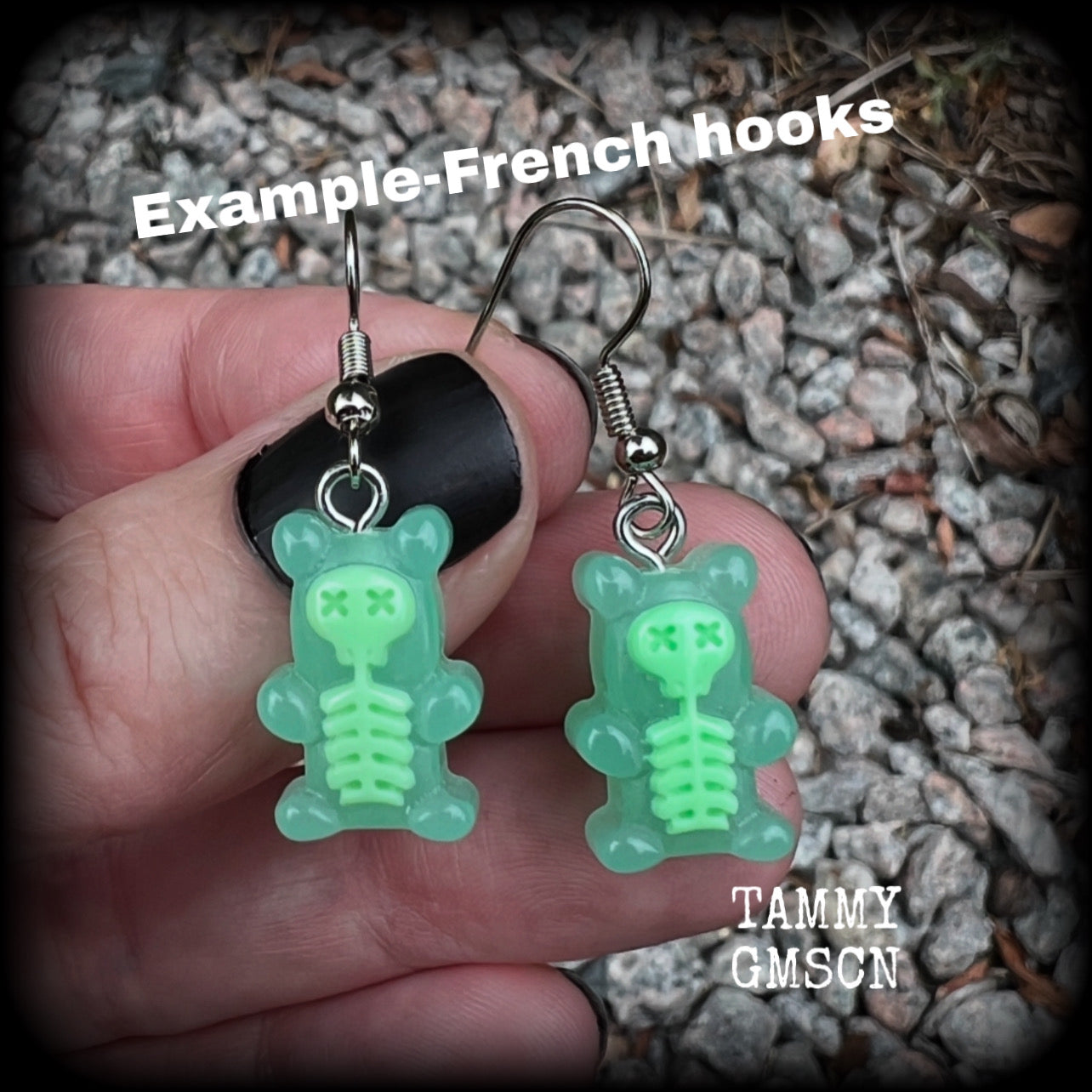 Featuring spooky cute green skeleton gummy bears, these adorable earrings measure just on 5cms from tip to tip and are super light weight, weighing only a gram or two each.

This pair has been made with stainless steel french hooks, to be worn in pierced ears.