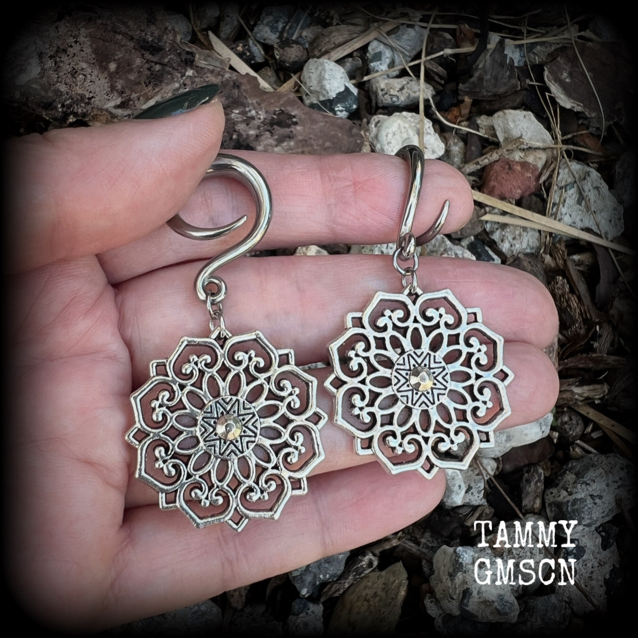 These beautiful antique silver mandala gauged earrings are nice and light weight, weighing approx 6 grams a piece, measuring approx 6cms from tip to tip.

This pair have been made on 6 gauge (4mm) surgical steel full curl hooks, suitable for stretched lobes.