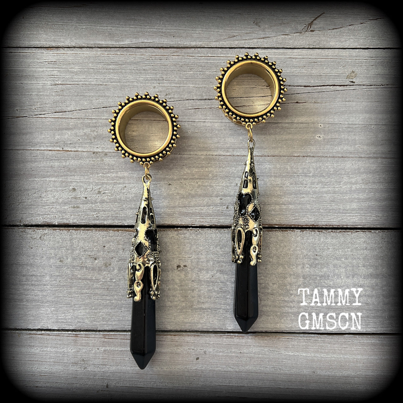 Black obsidian tunnel dangles-Ornate tunnels