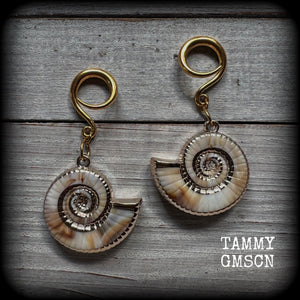 These gauged earrings feature gorgeous acrylic nautilus sea shells, super lightweight- weighing 9 grams each, and nice and dangly, measuring just under 7cms from tip to tip.
These beautiful earrings have been made on 6 gauge (4mm) surgical steel full curl hooks, to be worn in stretched lobes.