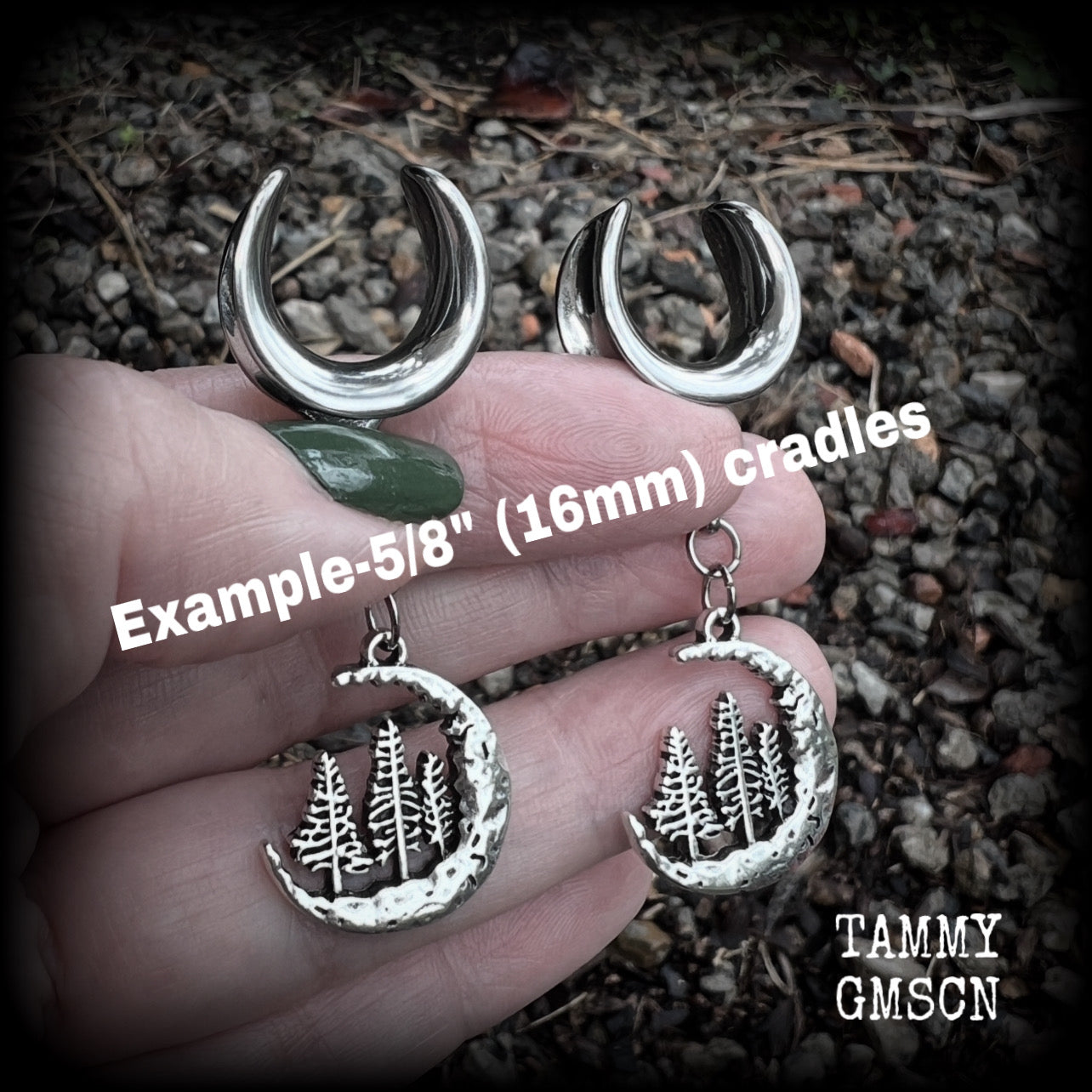 Forest punk fir tree tunnel earrings-Mossgoth crescent moon ear gauges