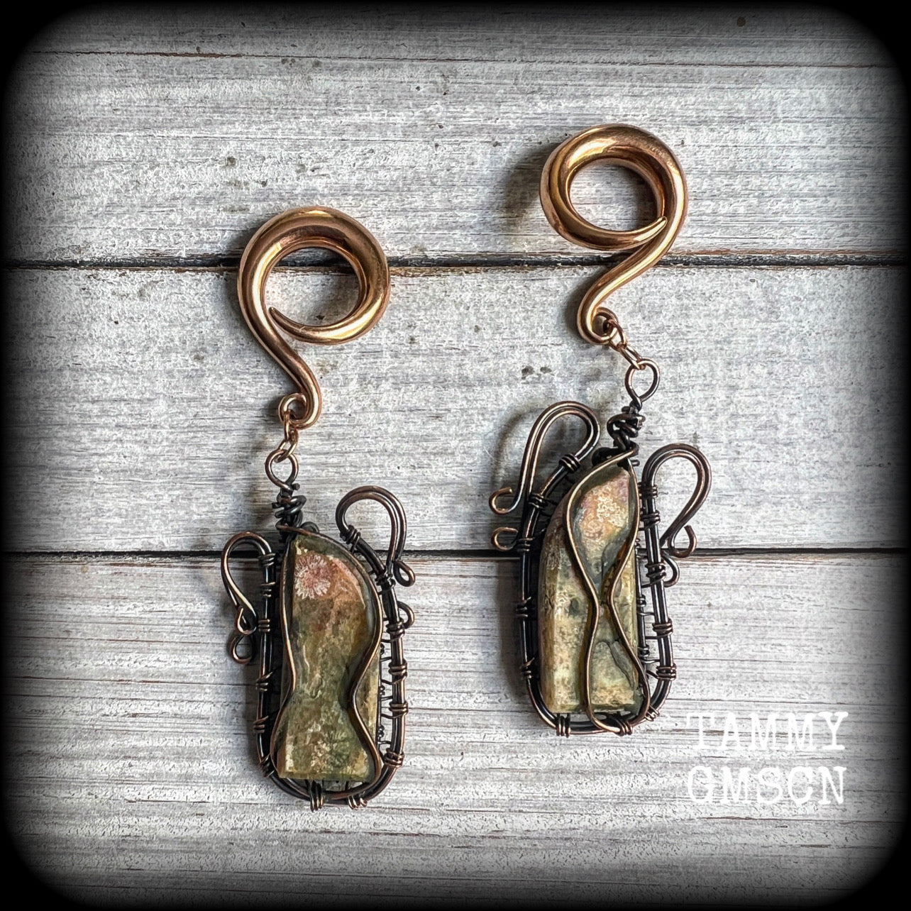 Unakite gauged earrings-Steampunk ear weights