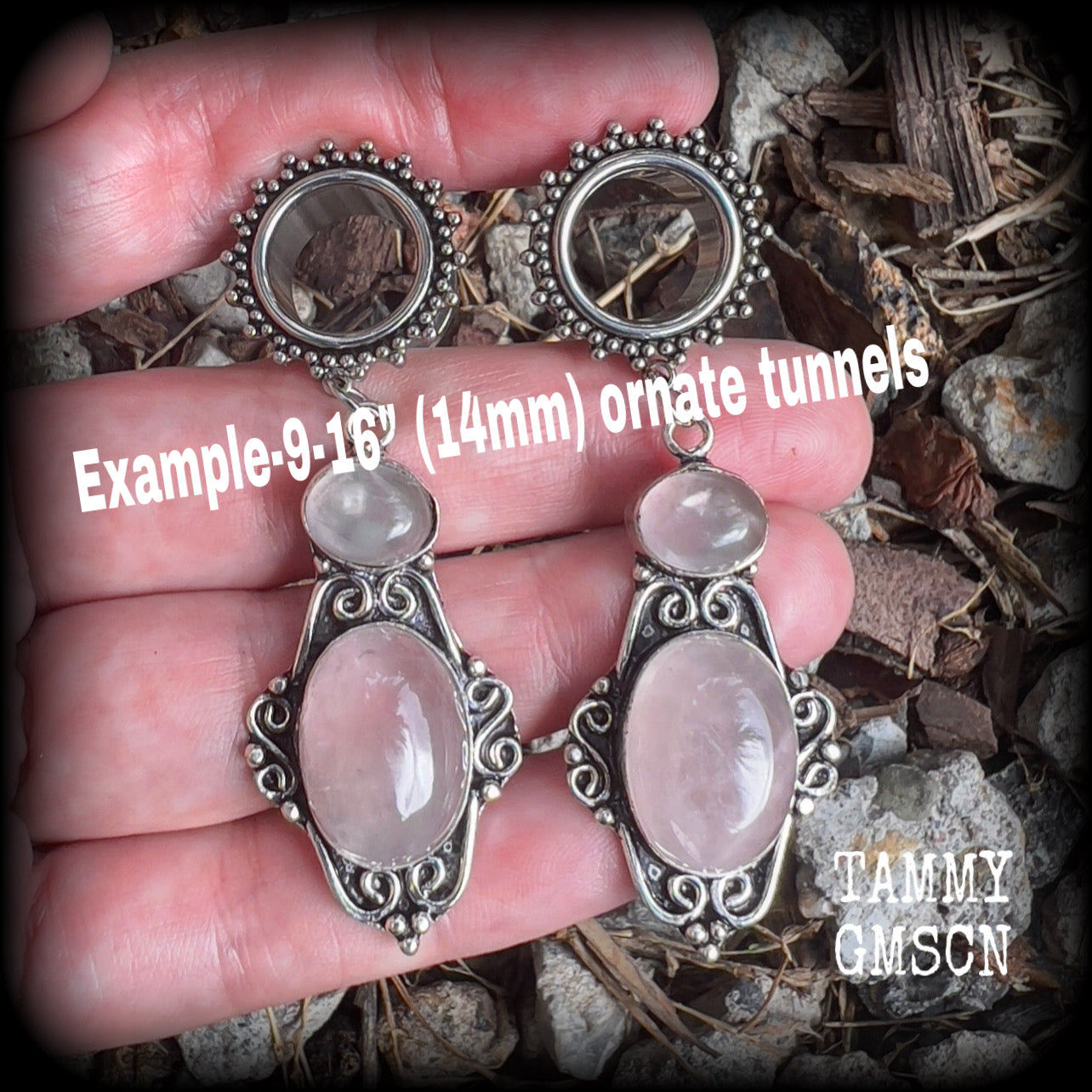 Ornate Rose quartz gemstone tunnel dangles-Gemstone gauges