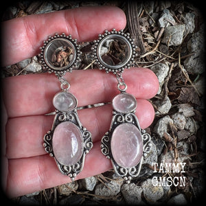 Ornate Rose quartz gemstone tunnel dangles-Gemstone gauges