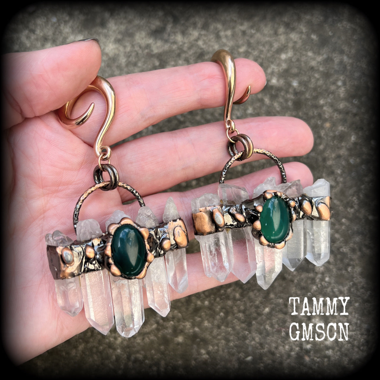 Clear quartz and green cabachon ear weights