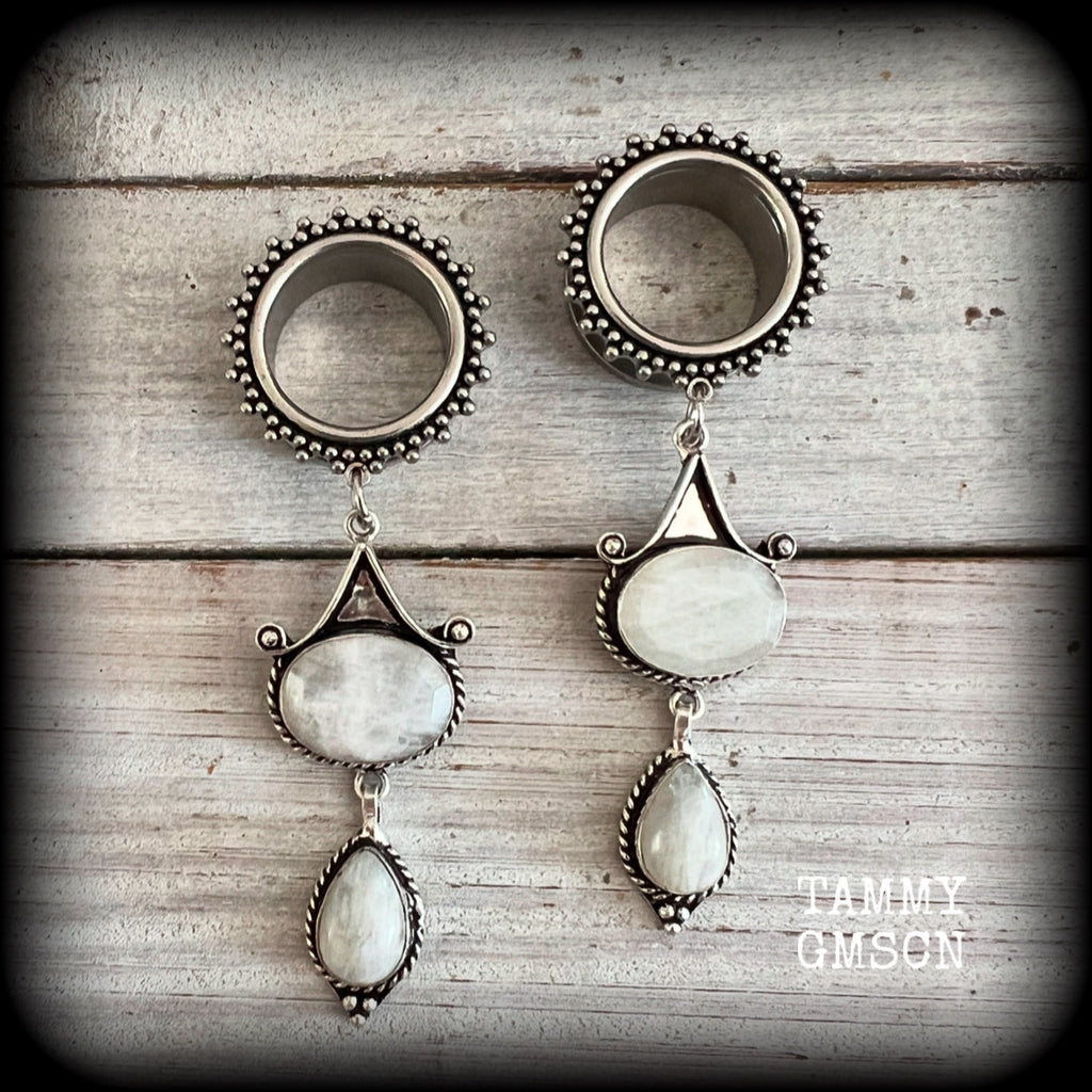 Rainbow moonstone tunnel dangles-Gemstone tunnels