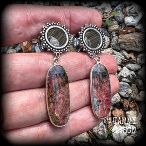 Gemstone tunnel earrings Rhodochrosite earrings 12mm tunnel dangles  Gauged earrings  Body jewelry 2g 0g 00g 1/2" 9/16" 5/8" 7/8" 3/4" 1" 1.10" 1.18" Earrings for stretched ears Gauged ears Stretched lobes