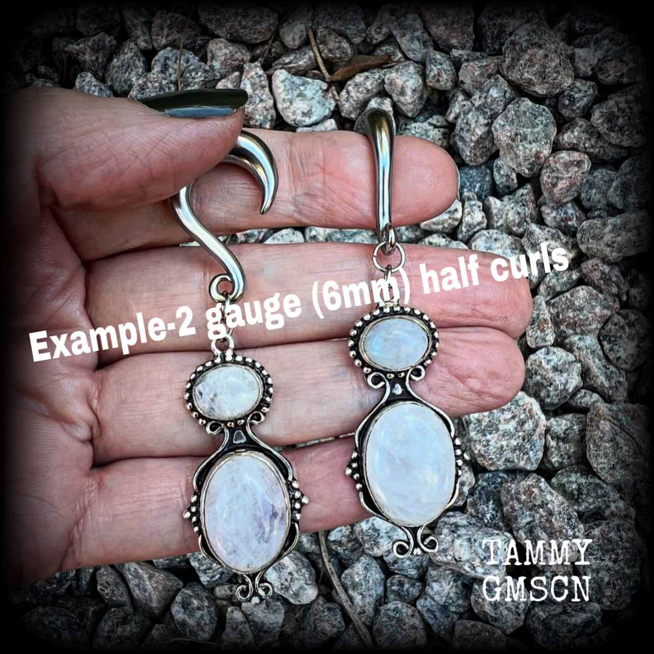 These gauged earrings have been made with gorgeous big polished Rainbow moonstone gemstones in a beautiful boho antique silver setting, measuring approx 8cms from tip to tip, and weighing approx 12 grams each, not too heavy.

These earrings have been made on 2 gauge (6mm) surgical steel half curl hooks, to be worn in stretched lobes.