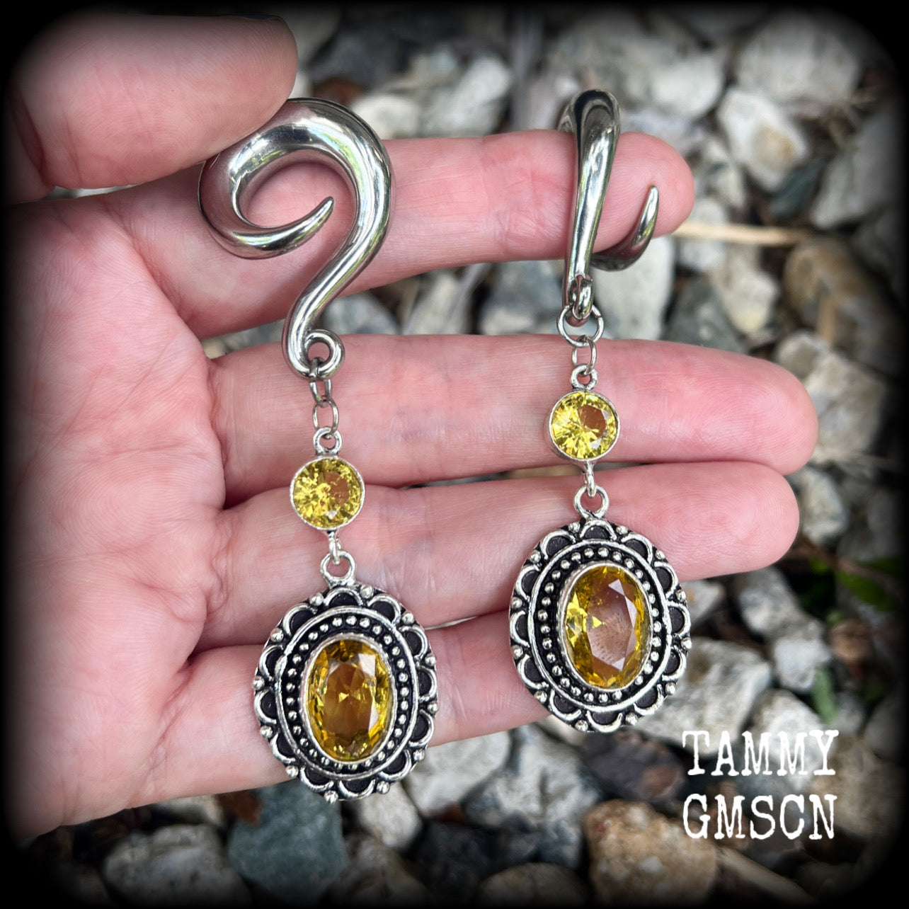 Yellow citrine gauged earrings-Gemstone ear weights