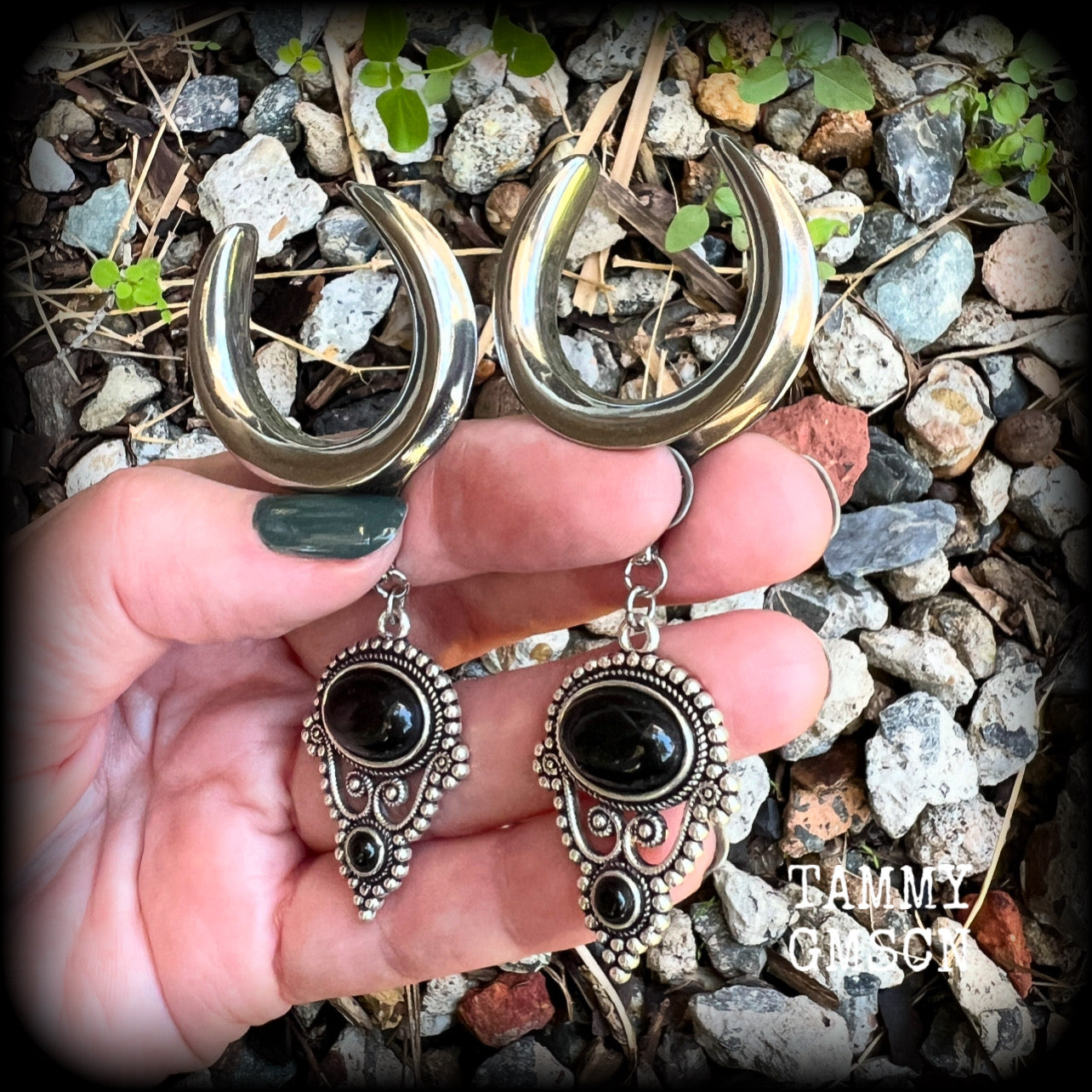 These beautiful ear hangers have been made with gorgeous pitch black obsidian gemstones in an antique silver boho setting, lovely and dangly at 8.5cm from tip to tip, and weighing approx 15 grams each.

These earrings have been made on 1.18” gauge (30mm) surgical steel cradles, to be worn in stretched lobes.