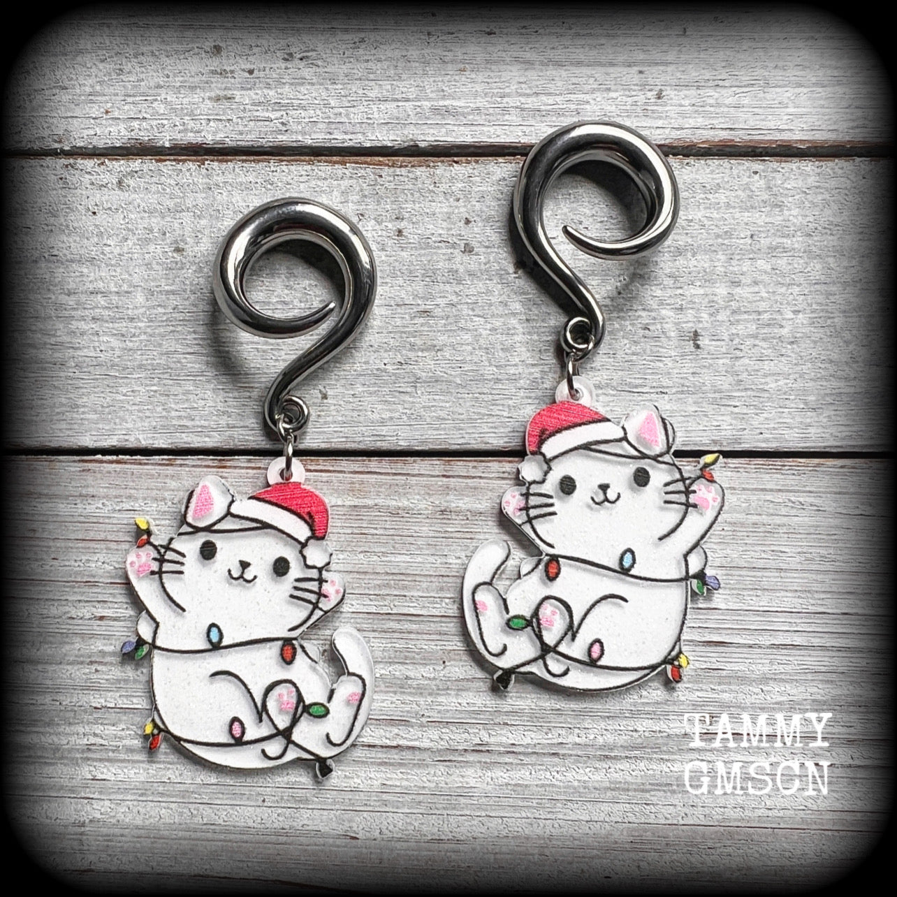 Crazy cat lady earrings Kitsch Cat earrings Yuletide ear gauges Ear hangers Gauged earrings Stretched lobes Gauged ears Stretched ears Christmas body jewelry Tunnels Plugs Christmas decorations 4mm 6mm 8mm 10mm 12mm 14mm 16mm 19mm 22mm 25mm 28mm 30mm