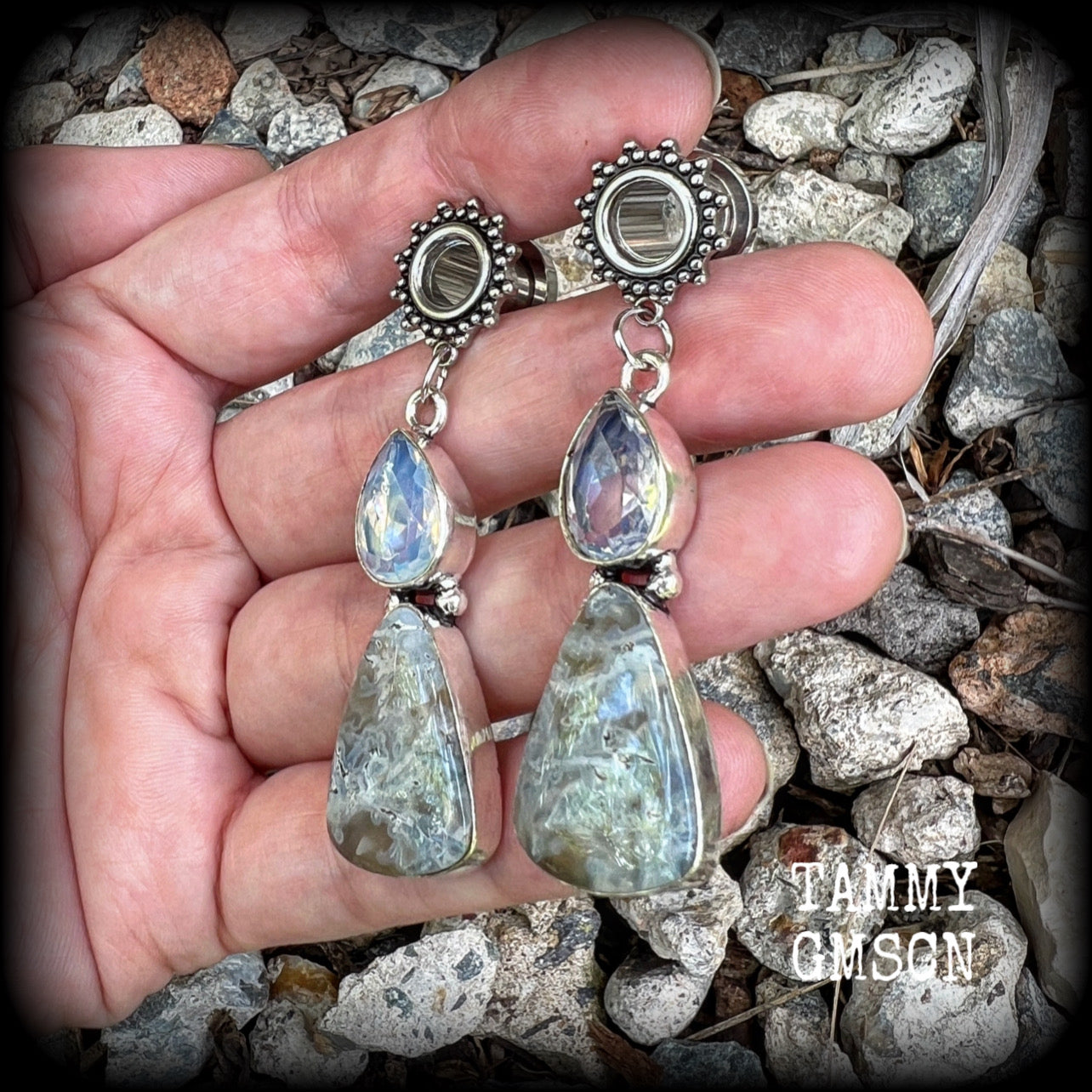 Moss agate ear weights 14mm ear weights Moonstone gauged earrings Ear hangers Gemstone ear hangers Stretched ears Stretched lobes Gauged ears 4mm 6mm 8mm 10mm 12mm 14mm 16mm 19mm 22mm 25mm 28mm 30mm Gemstone tunnels Gemstone plugs Boho body jewelry