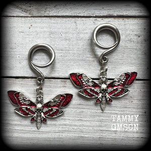 Featuring an awesome antique silver and red enamel deathshead moth charm, these earrings measure just on 5cms from tip to tip, and weigh approx 6 grams each.

This pair has been made on 6 gauge (4mm) stainless steel full curl hooks, suitable for stretched lobes.