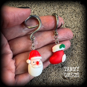 Santa Claus earrings Santa stocking earrings Christmas earrings Christmas Stocking Secret santa Stocking stuffers Christmas jewelry Yule jewelry Yuletide 6 gauge ear weights Stretched lobes 4mm 6mm 8mm 10mm 12mm 14mm 16mm 19mm 22mm 25mm 28mm 30mm