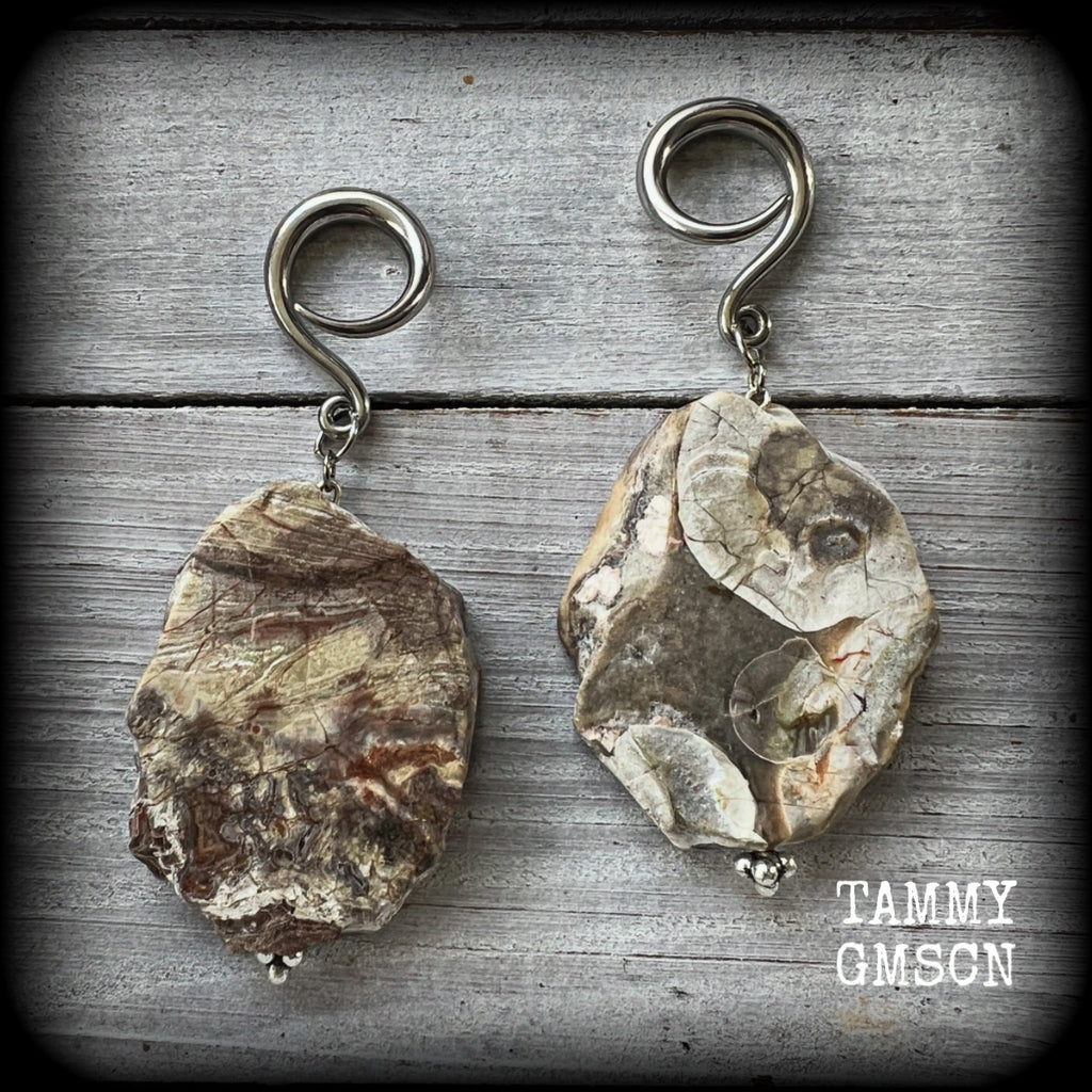 This pair of gorgeous gauged earrings features unique petrified wood slices, weighing in at approx 23 grams a piece, and are nice and dangly at just on 8cms from tip to tip.

This pair has been made on 6 gauge (4mm) surgical steel full curl hooks, to be worn in stretched lobes.
