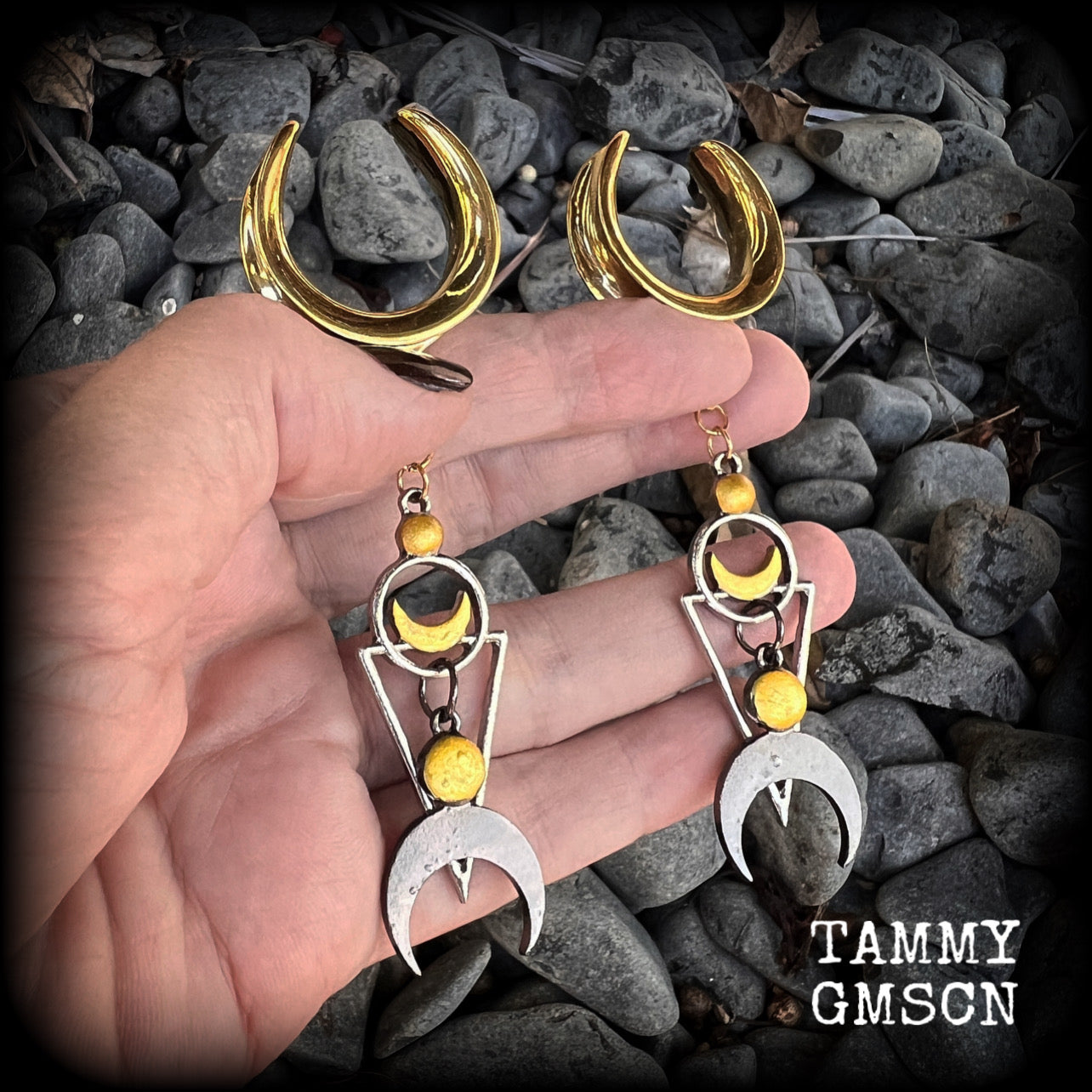 Crescent moon and inverted triangle hanging gauges-Occult gauges