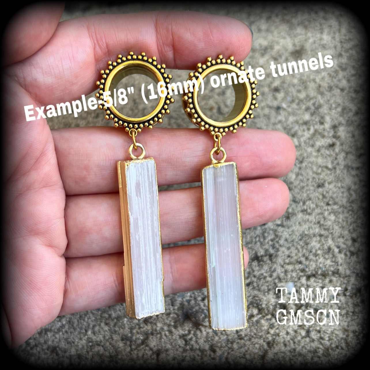 Ornate Selenite tunnels-Boho gemstone tunnel earrings