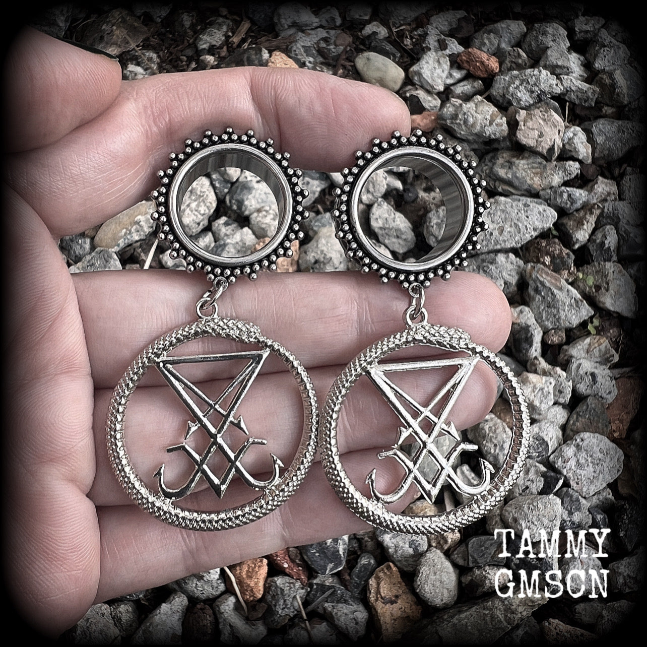 Ouroboros and Sigil of Lucifer gauged earrings 