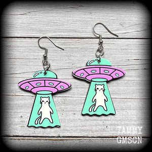 These adorable pastel purple 'UFO cat abduction' earrings measure just over 6cms from tip to tip, and weigh only a few grams each.


This pair has been made on stainless steel french hooks, suitable for pierced ears.