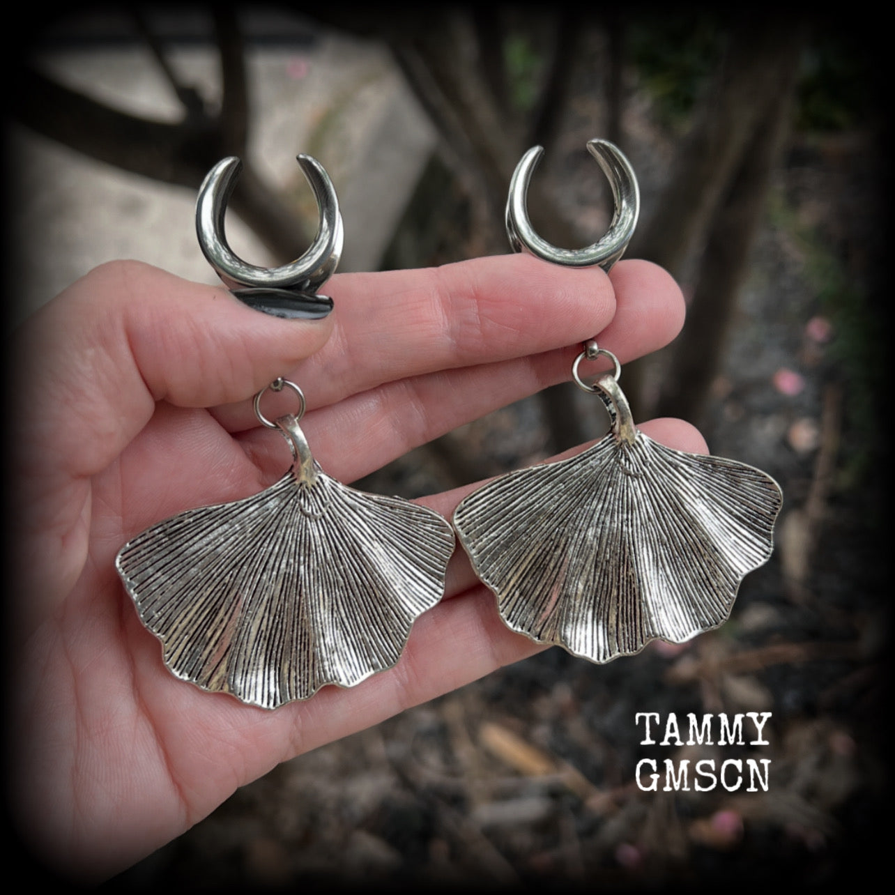 Silver ginkgo leaf gauged earrings-Goddess Gaia gauged earrings