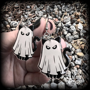 Ghost cat earrings Supernatural kitty earrings Crazy cat lady earrings cat jewellery Halloween earrings Gauged earrings Pierced ears Ear gauges Los Muertos earrings Day of the Dead earrings Samhain earrings Samhain jewelry Witches cat Spectre